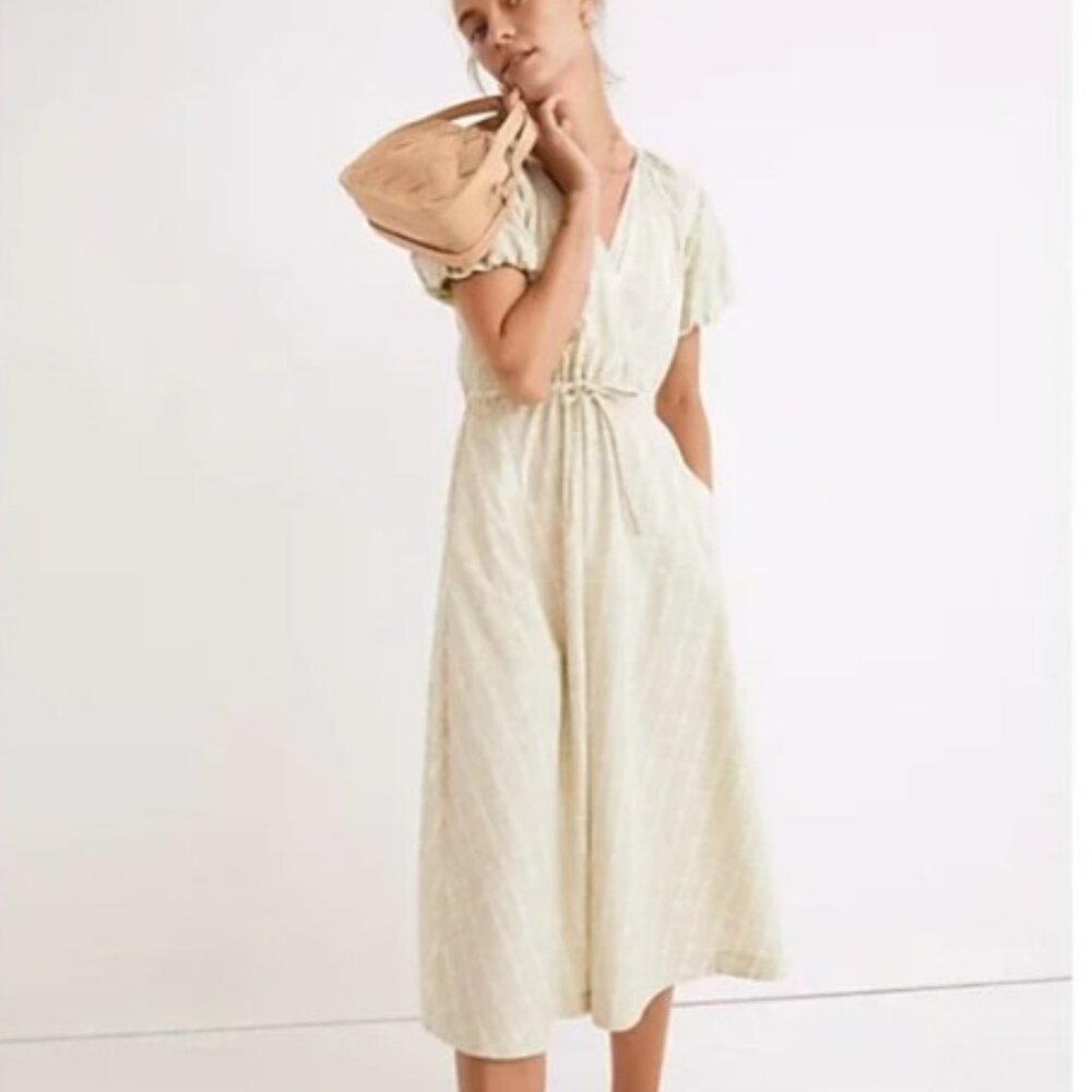 Madewell Plaid Tie Waist Short Puff Sleeve V Neck Midi Dress Size Large